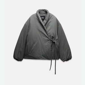 Zara Charcoal Wrap-Style Puffer Jacket with Side Tie